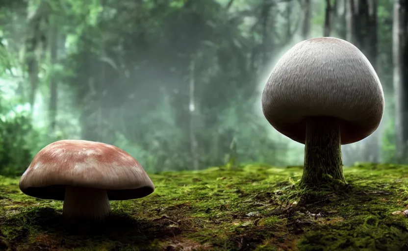 Prompt: a beautiful render of a mushroom growing out of a metal sphere in a rainforest, sunset lighting, intricate detail, hazy, humid, volumetric lighting, god rays, 8 k, photorealistic, raytracing effects, unreal engine 5