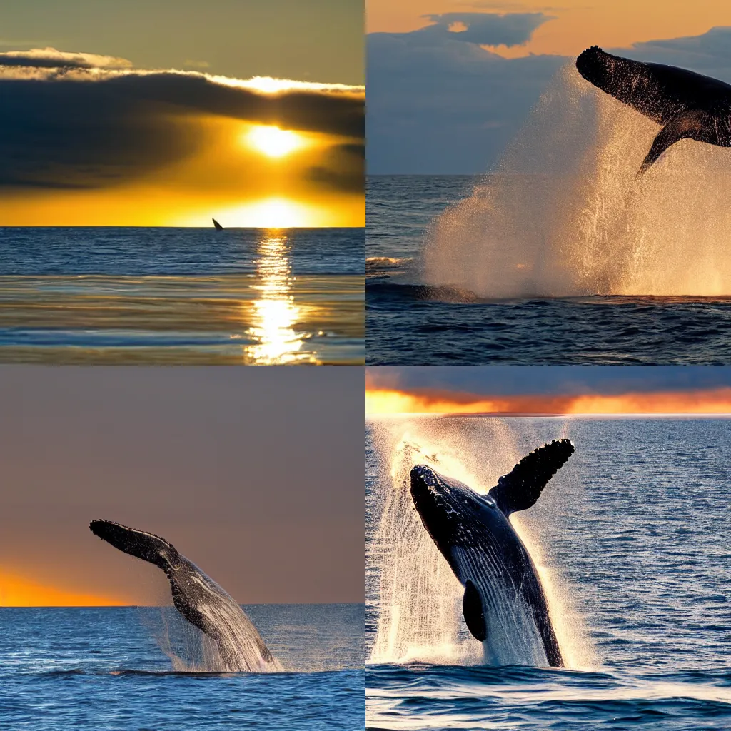 Prompt: a whale breaching in clouds, golden hour