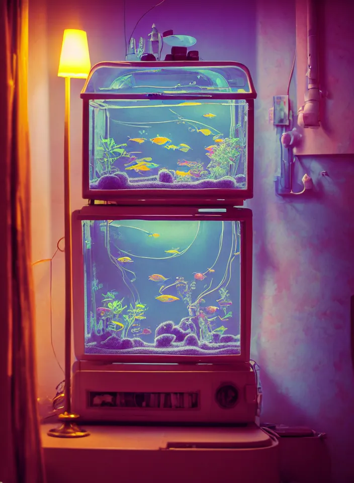 Image similar to telephoto 7 0 mm f / 2. 8 iso 2 0 0 photograph depicting the feeling of chrysalism in a cosy safe cluttered french sci - fi ( ( art nouveau ) ) cyberpunk apartment in a pastel dreamstate art cinema style. ( cat ) ( ( fish tank ) ), ambient light.