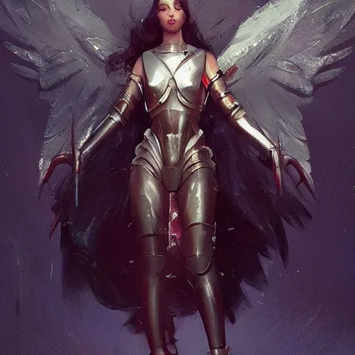 Prompt: angel in plastic armor, high fashion, pretty face, full body shot, well built, art by greg rutkowski