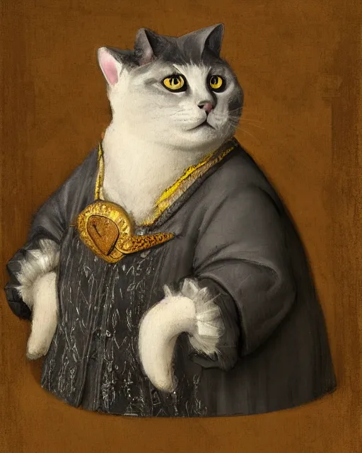 Image similar to cute jolly fat gray cat with yellow eyes wearing tudor period menswear, 1 6 th century royal portrait, greg rutkowski