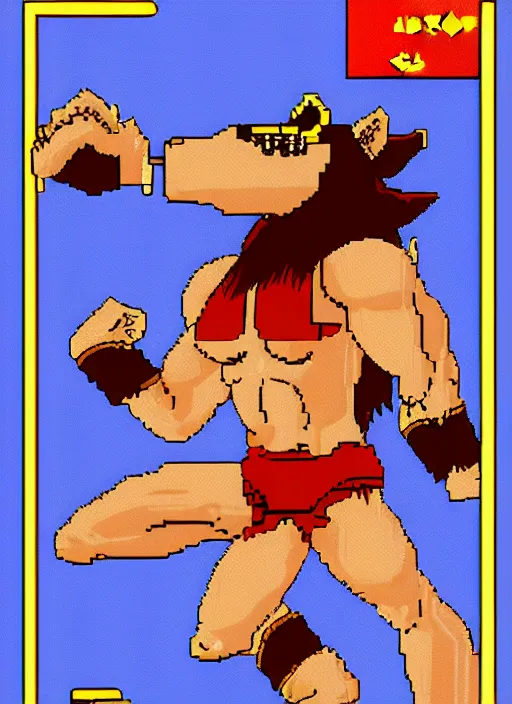 Image similar to extreme long shot. 8 bit nes graphics. antropomorphic muscular masculine wolf. kickboxer, in shorts. wolf head. furr on body.