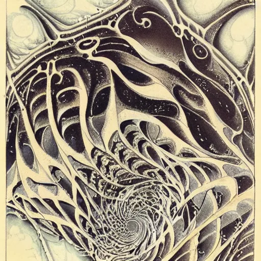 Image similar to cat as a fractal distortion, lithograph, watercolors, ink, M.C. Escher, moebius