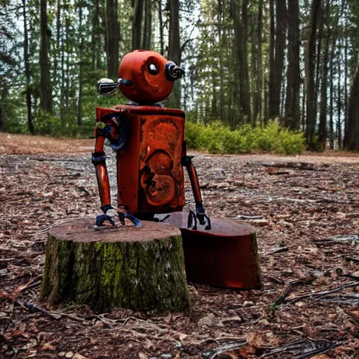 Image similar to rusty robot with a human arm, sitting on a stump in the forest, high quality photo, sigma 5 5 mm