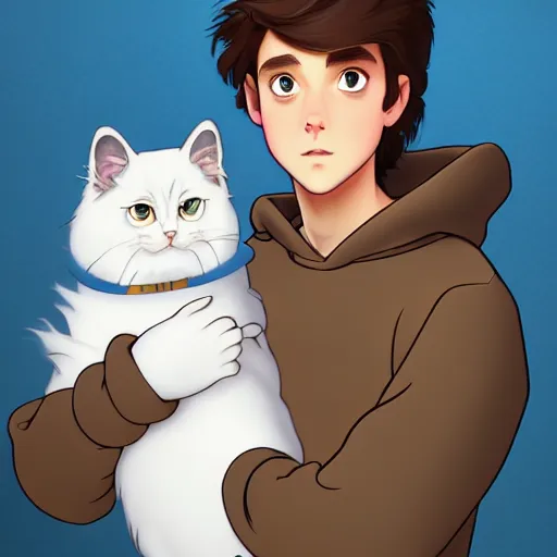 Prompt: teen boy with brown hair and big blue eyes, wearing a hoodie, holding a fluffy white persian cat, natural lighting, path traced, highly detailed, high quality, digital painting, by don bluth and ross tran and studio ghibli and alphonse mucha