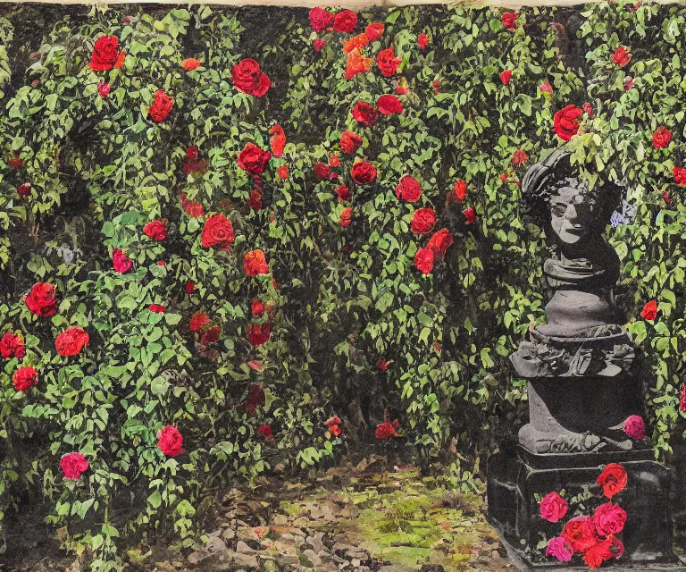 Image similar to colorful painting of black vines with black roses, wrapped around old statues in a garden