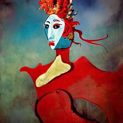 Prompt: dreamworks by pablo picasso, by alberto seveso daring. a sculpture of a heroine riding on a magnificent red horse. traditional russian folk costume & headscarf. pale & beautiful, resolve in her eyes. horse's hooves churn up earth as they gallop, dark forest looms.