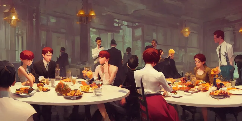 Prompt: one group of people are eating fancy looking at another group of people fighting by Craig Mullins, ilya kuvshinov, krenz cushart, artgerm trending on artstation by Edward Hopper and Dan Mumford and WLOP and Rutkovsky, Unreal Engine 5, Lumen, Nanite