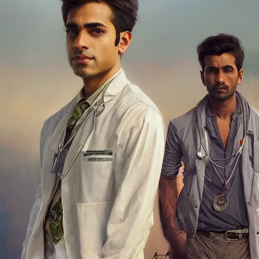 Image similar to Anxious good looking pale young Indian doctors wearing American clothes at the airport, portrait, elegant, intricate, digital painting, artstation, concept art, smooth, sharp focus, illustration, art by artgerm and greg rutkowski and alphonse mucha