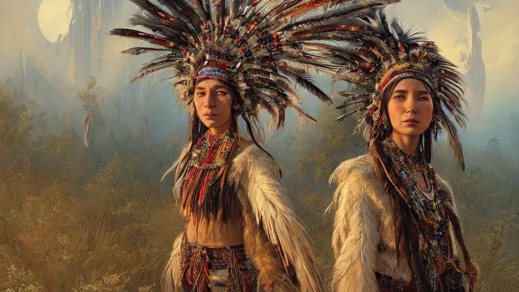 Image similar to highly detailed portrait of a n indigenous woman, feathered headdress, traditional clothing, unreal engine, fantasy art by greg rutkowski, ferdinand knab, makoto shinkai and lois van baarle, ilya kuvshinov, rossdraws, tom bagshaw, global illumination, radiant light, detailed and intricate environment