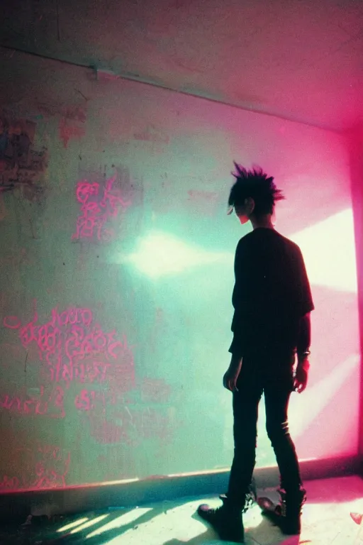 Image similar to agfa vista 4 0 0 photograph of a guy standing in a cluttered 9 0 s goth punk rock bedroom, back view, synth vibe, vaporwave colors, lens flare, moody lighting, moody vibe, telephoto, 9 0 s vibe, blurry background, grain, tranquil, calm, faded!,