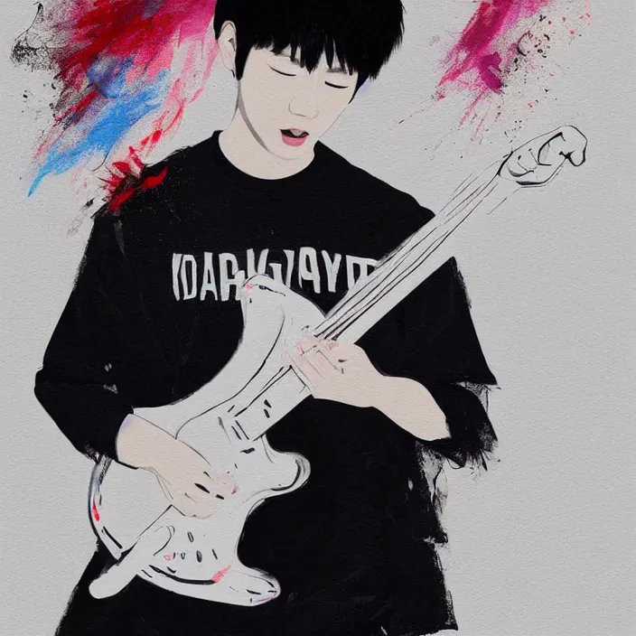 Image similar to a young korean man wearing black t shirt holding an electric guitar!!, dark background, huge brush strokes, dramatic smoke everywhere, matte colors, dramatic brush strokes, abstract, trending on artstation