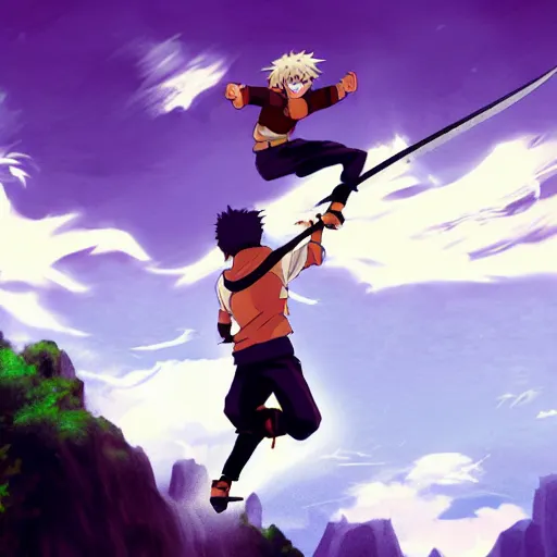 Prompt: man with sword jump of the cliff in front of the waterfall, dragons flying around, anime, cartoon, superhero, naruto