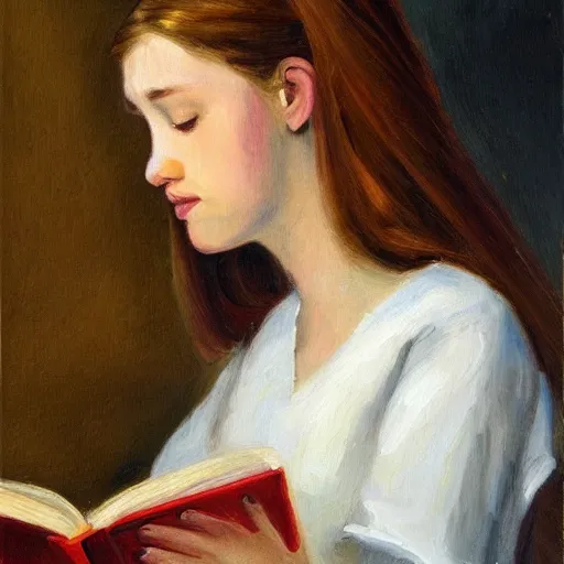 Prompt: a girl reading a book, her hair flowing down, subtle, intricate details, real masterpiece, oil on canvas, by john smith