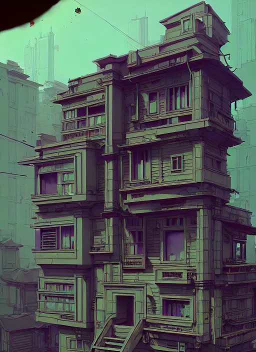 Image similar to highly detailed building villa style in urban area architectural concept in foucs mod by atey ghailan, james gilleard, by joe fenton, by greg rutkowski, by greg tocchini, by kaethe butcher, 4 k resolution, gradient purple, brown black and white color scheme!!! ( ( green flaming robotic sewer background ) )