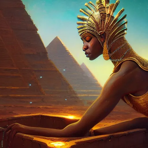 Image similar to highly detailed portrait of an african egyptian goddess destroying her ego, intricate alien technology, stephen bliss, unreal engine, fantasy art by greg rutkowski, loish, rhads, ferdinand knab, makoto shinkai and lois van baarle, ilya kuvshinov, rossdraws, tom bagshaw, global illumination, radiant light, detailed and intricate environment