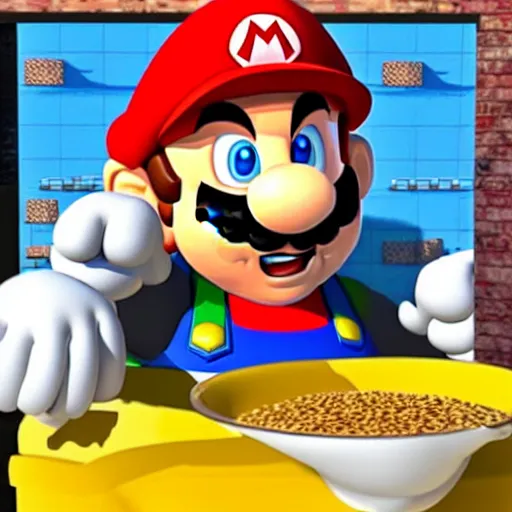 Image similar to super mario eating a bowl of cereal