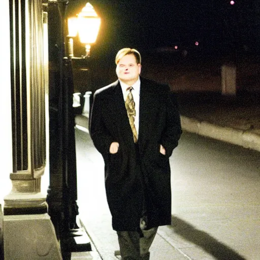 Prompt: 1 9 9 8 andy richter wearing a black wool coat and necktie in his car walking a dark residential street in chicago at night, dimmed yellow streetlights