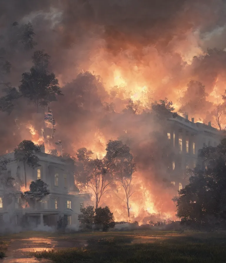 Prompt: a beautiful hyperrealistic detailed 3D render of the white house burning, by Anton Otto Fischer, Atey Ghailan, genzoman, unreal engine, octane render, gigantic, 3D, brilliantly coloured, intricate, ultra wide angle, trending on artstation, embers, smoke, dust, dusk, volumetric lighting, HDR, polished, micro details, ray tracing, 8k