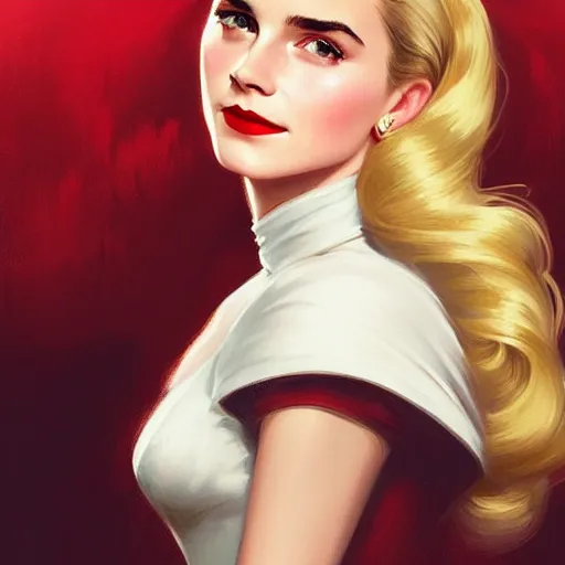 Image similar to A combination of Grace Kelly's and Emma Watson's faces with blonde hair and red lipstick, western, D&D, fantasy, intricate, elegant, highly detailed, digital painting, artstation, concept art, matte, sharp focus, illustration, art by Artgerm and Greg Rutkowski and Alphonse Mucha