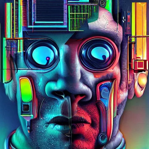 Prompt: a painting of a man with a weird face, cyberpunk art by ron english, featured on cgsociety, pop surrealism, grotesque, bryce 3 d, anaglyph effect
