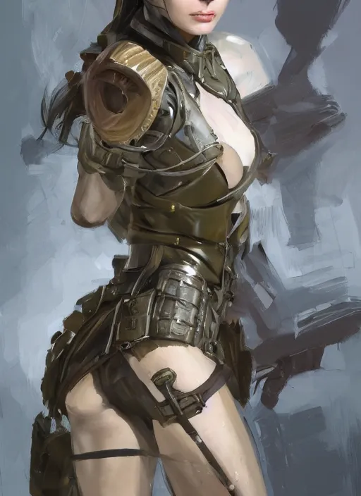 Prompt: a professionally painting of an attractive young female, partially dressed in military armor, olive skin, long dark hair, beautiful bone structure, perfectly proportioned, symmetrical facial features, intricate, elegant, heroic pose, digital painting, concept art, illustration, sketch-like, sharp focus, finely detailed, from Metal Gear, by Ruan Jia and Mandy Jurgens and William-Adolphe Bouguerea, trending on Artstation, award winning