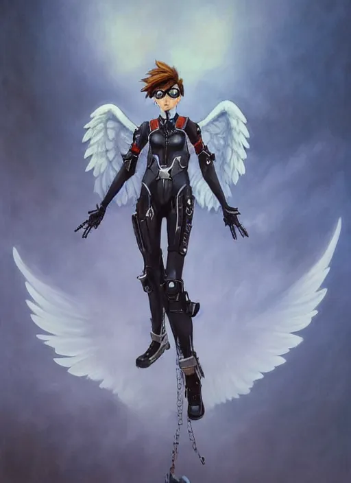 Image similar to full body artwork of tracer overwatch wearing leather collar in style of zdzisław beksinski, angel wings, dramatic painting, symmetrical composition, wearing detailed leather collar, black shiny armor, chains, black harness, detailed face and eyes,