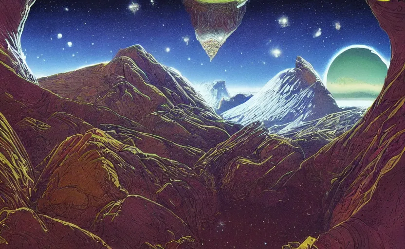 Prompt: mountains, stars and paisley filled sky, artstation, intricate, highly detailed, digital painting, concept art, sharp focus, illustration by Jean Claude Mézières and Roger Dean