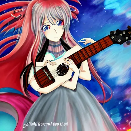 Prompt: girl,dragon, guitar, anime