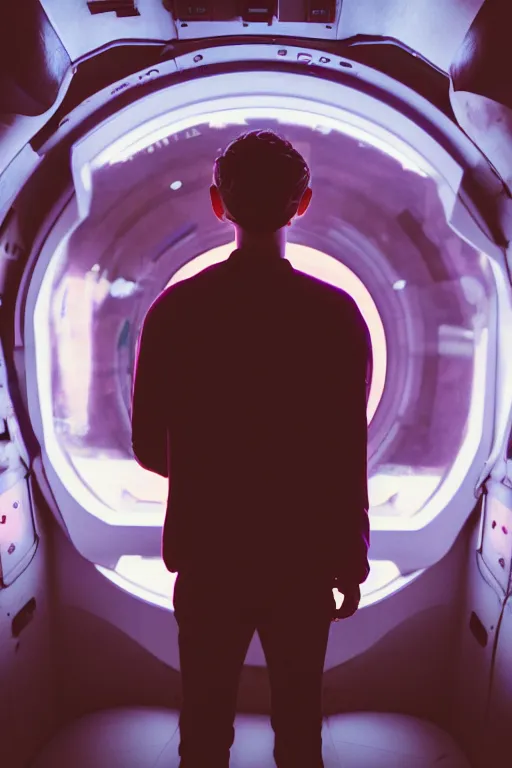 Image similar to agfa vista 4 0 0 photograph of a skinny guy on a spaceship, futuristic, synth vibe, flower crown, back view, moody lighting, moody vibe, telephoto, 9 0 s vibe, blurry background, tranquil, calm, faded!,