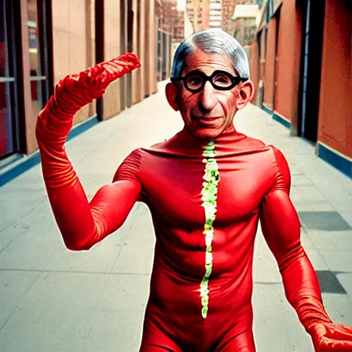 Image similar to uhd photorealisitc candid photo of anthony fauci wearing a bloody slim goodbody costume. correct coostume. correct face, accurate face. photo by annie leibowitz and steve mccurry