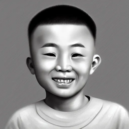 Image similar to dramatic portrait of chinese boy buzz cut, creepy smile, digital painting