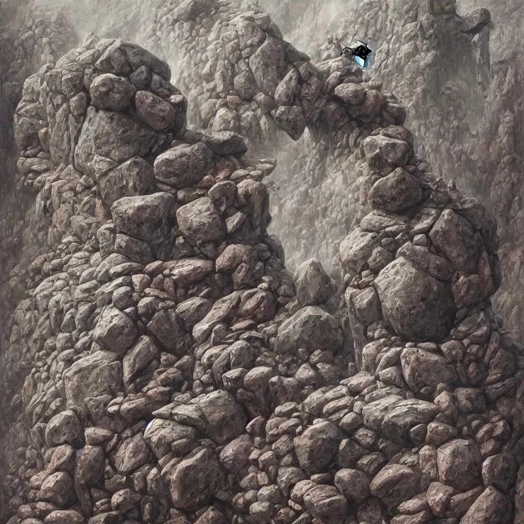 Image similar to oil painting of donald trump shackled to a giant stone letter q, painted by dan seagrave, wayne barlowe and zdzisław beksinski, front and center, intricate detail