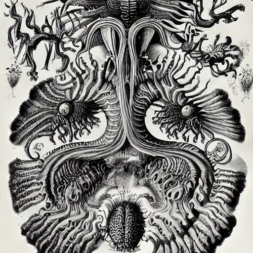 Image similar to bizarre bestiary of repressed unconscious emotional monsters and creatures, illustrated by Ernst Haeckel and Robert Fludd