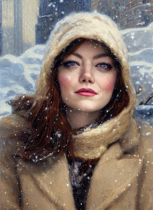 Image similar to emma stone in beige coat, close up portrait, winter new york, snow, artwork by gaston bussiere, craig mullins, trending on artstation