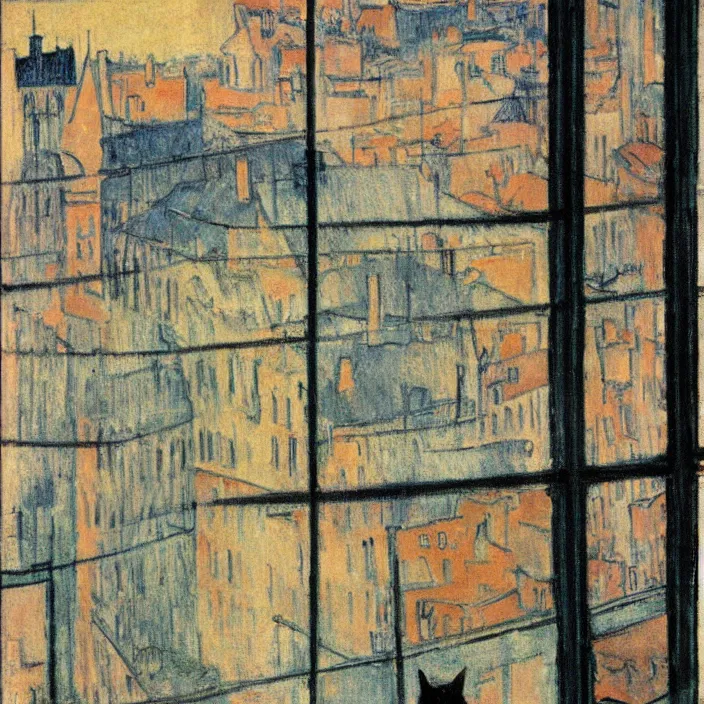 Image similar to city seen from a window frame. fuzzy black cat. henri de toulouse - lautrec, utamaro, matisse, felix vallotton, monet