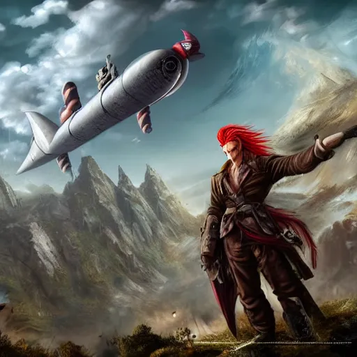 Image similar to male sky-pirate with long red hair standing in front of an airship, high detailed face, realistic, ultra detailed, menacing, powerful, dark, shallow focus, forest, mountains in the background concept art design as if designed by Wētā Workshop