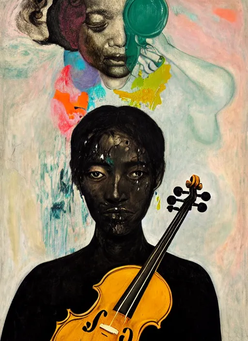 Prompt: front view of woman standing with violin down painted by vincent lefevre and hernan bas and thomas houseago and pat steir and hilma af klint, psychological, photorealistic, symmetrical face, dripping paint, washy brush, rendered in octane, altermodern, masterpiece