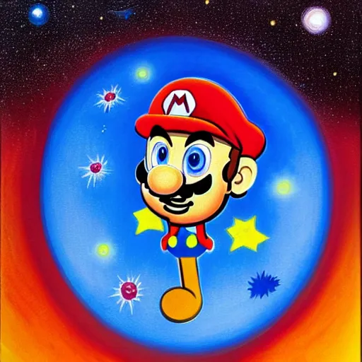 Image similar to a portrait of an alien cosmic psychedelic Super Mario waiting for you in deep space, by Gerald Blum