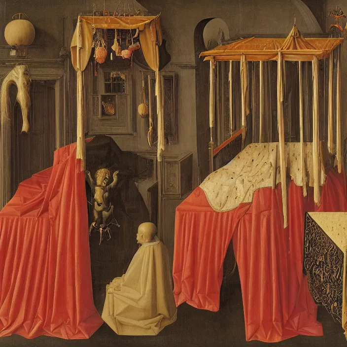 Prompt: three monsters jumping on the bed with white cloth and baldachin. jan van eyck