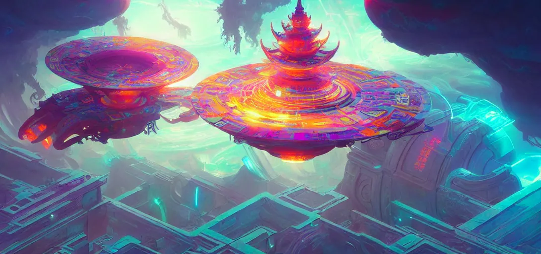 Prompt: a floating temple, channeling swirling energy, wearing netrunner clothing, vaporwave aesthetic, colorful, psychedelic, digital painting, artstation, concept art, smooth, sharp focus, illustration, art by artgerm and greg rutkowski and alphonse mucha