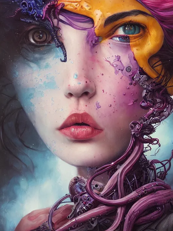 Image similar to art portrait of a furious girl with purple tentacles on her head,8k,by tristan eaton, Stanley Artgermm,Tom Bagshaw,Greg Rutkowski,Carne Griffiths,trending on DeviantArt,face enhance,hyper detailed,minimalist,cybernetic, ,full of colour