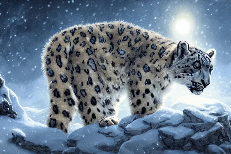 Image similar to Snow leopard on a beautiful fantasy landscape, mountainside, winter, moonlit, HD, illustration, epic, D&D, fantasy, intricate, elegant, highly detailed, digital painting, artstation, concept art, smooth, sharp focus, illustration, wallpaper, art by artgerm and greg rutkowski and alphonse mucha and jin xiaodi