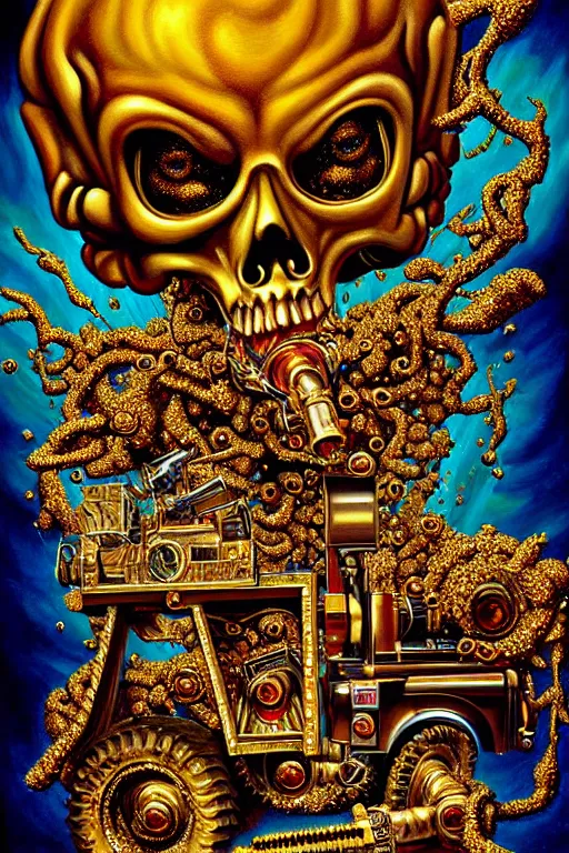 Prompt: a hyperrealistic painting of a ornate jewel embellished gold death machine spewing chunks out of a wood chipper, cinematic horror by chris cunningham, lisa frank, richard corben, highly detailed, vivid color,