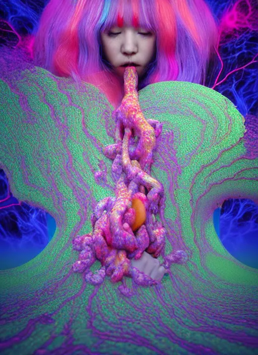 Prompt: hyper detailed 3d render like a Oil painting - kawaii Aurora (Singer) seen Eating of the Strangling network of colorful yellowcake and aerochrome and milky Fruit and Her delicate Hands hold of gossamer polyp blossoms bring iridescent fungal flowers whose spores black the foolish stars by Jacek Yerka, Mariusz Lewandowski, Houdini algorithmic generative render, Abstract brush strokes, Masterpiece, Edward Hopper and James Gilleard, Zdzislaw Beksinski, Mark Ryden, Wolfgang Lettl, Dan Hiller, hints of Yayoi Kasuma, octane render, 8k