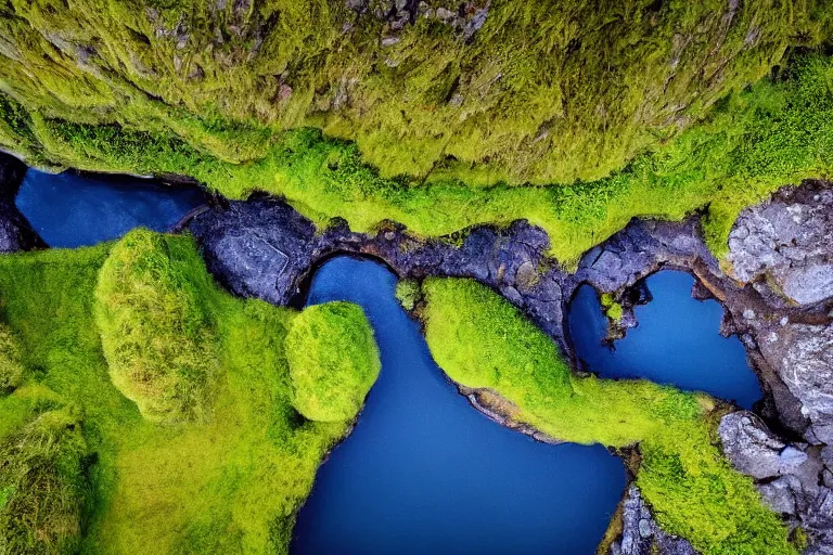 Prompt: drone shot photo of a landscape with mountains, waterfalls, wallpaper, very very wide shot, blue glacier, iceland, new zeeland, green flush moss, national geographic, award landscape photography, professional landscape photography, sunny, day time, beautiful