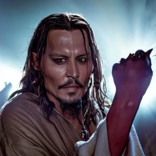 Prompt: stunning awe inspiring johnny depp as the jesus christ, movie still 8 k hdr atmospheric lighting