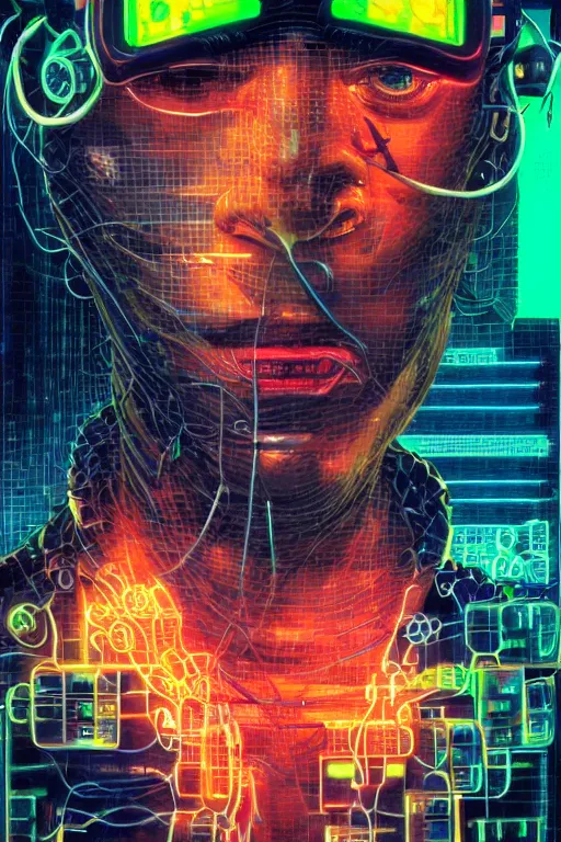 Prompt: stunning highly detailed portrait of a neuromancer hacker with cyber headgear surrounded by wires, neon colors, oil on canvas, strong lighting, by Greg Staples, by Glenn Fabry, by Josan Gonzalez, HD, 4K