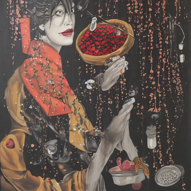 Prompt: a portrait in a dark laneway in tokyo, a woman holding pancakes, berries dripping, scientific instruments, ikebana, octopus, neo - expressionism, surrealism, acrylic and spray paint and oilstick on canvas