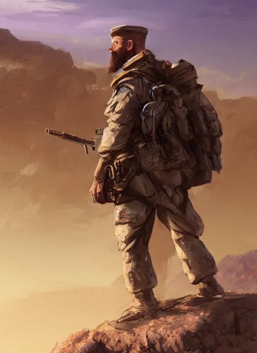 Image similar to purple scene lighting, detailed character portrait concept art, white male, strong muscular mature, soldier with beard, short hair, in a soldier uniform, desert with city in the background, sharp focus, illustration, highly detailed, digital painting, concept art, matte, art by wlop and artgerm and greg rutkowski, masterpiece